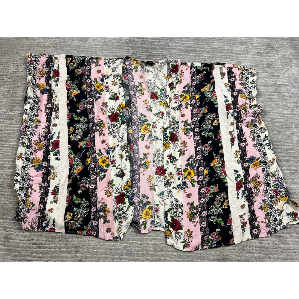 Angie Kimono Womens Large Multicolor Mixed Floral Stripe Open Front Wrap Rayon